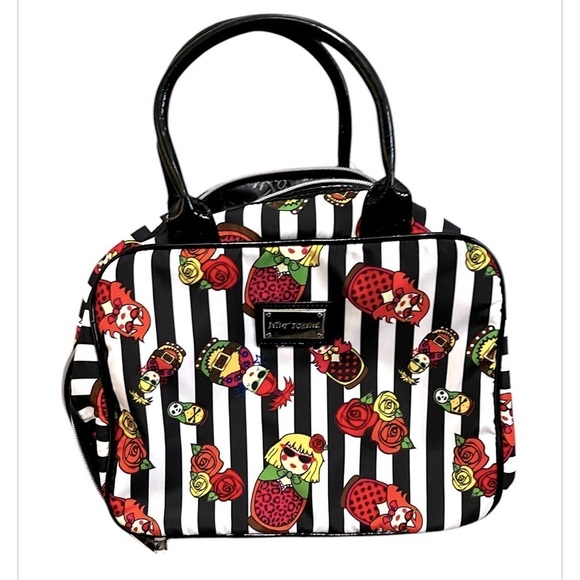 Betsey Johnson Striped Doll & Rose Toiletry, Makeup Bag - Picture 1 of 16